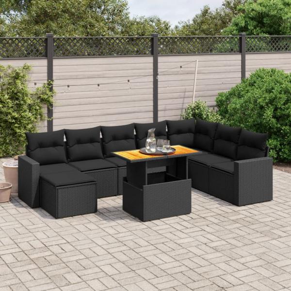 ARDEBO.de - 9-tlg. Garten-Sofagarnitur mit Kissen Schwarz Poly Rattan