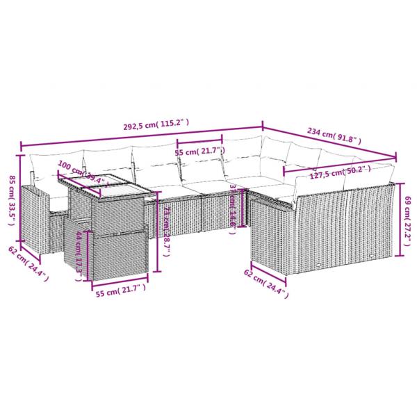 10-tlg. Garten-Sofagarnitur mit Kissen Schwarz Poly Rattan