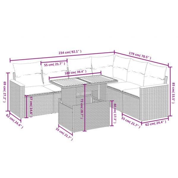 7-tlg. Garten-Sofagarnitur mit Kissen Schwarz Poly Rattan