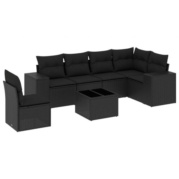 7-tlg. Garten-Sofagarnitur mit Kissen Schwarz Poly Rattan