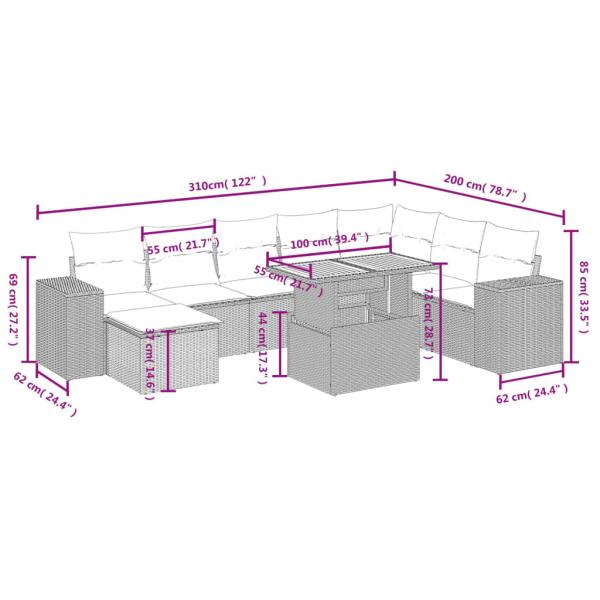 9-tlg. Garten-Sofagarnitur mit Kissen Schwarz Poly Rattan