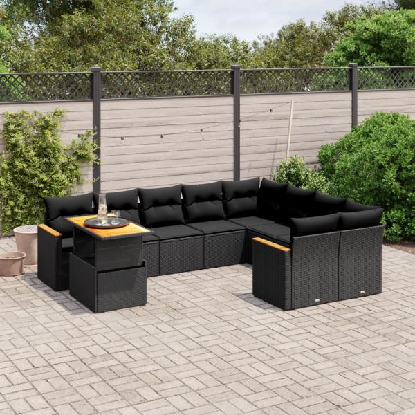 ARDEBO.de - 10-tlg. Garten-Sofagarnitur mit Kissen Schwarz Poly Rattan