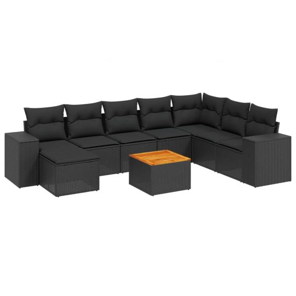 9-tlg. Garten-Sofagarnitur mit Kissen Schwarz Poly Rattan