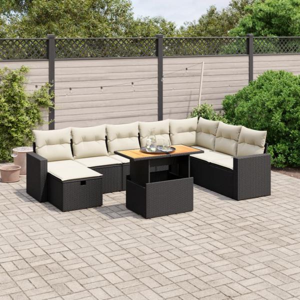 ARDEBO.de - 9-tlg. Garten-Sofagarnitur mit Kissen Schwarz Poly Rattan