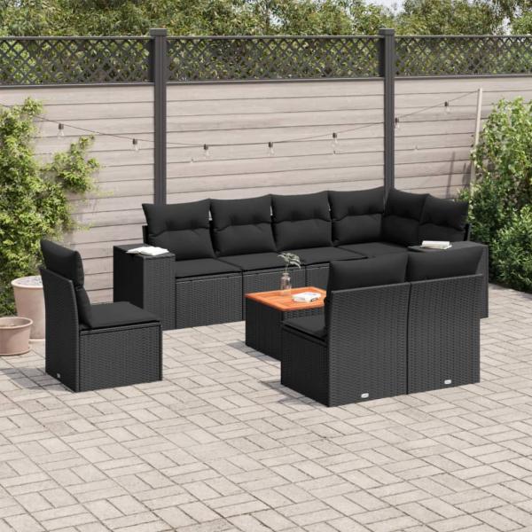 ARDEBO.de - 9-tlg. Garten-Sofagarnitur mit Kissen Schwarz Poly Rattan