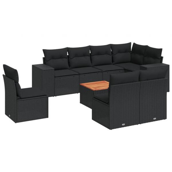 9-tlg. Garten-Sofagarnitur mit Kissen Schwarz Poly Rattan