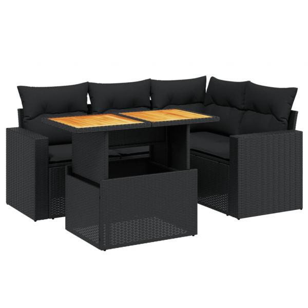 5-tlg. Garten-Sofagarnitur mit Kissen Schwarz Poly Rattan