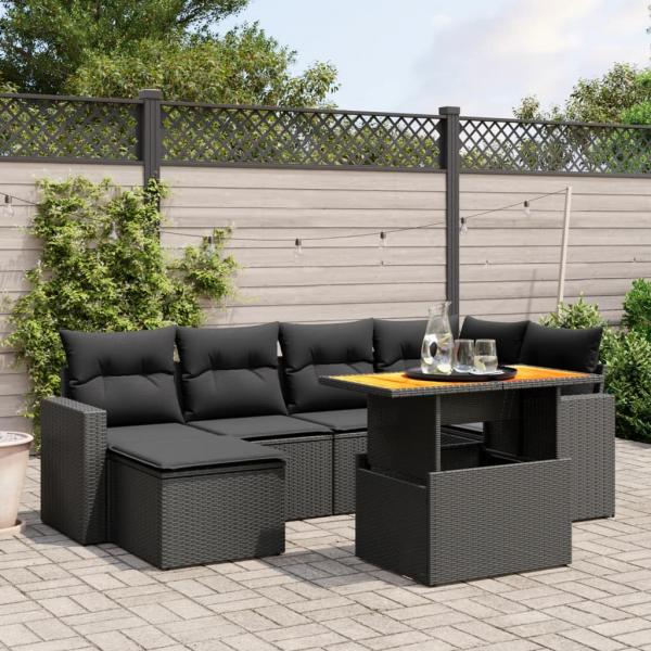 ARDEBO.de - 7-tlg. Garten-Sofagarnitur mit Kissen Schwarz Poly Rattan