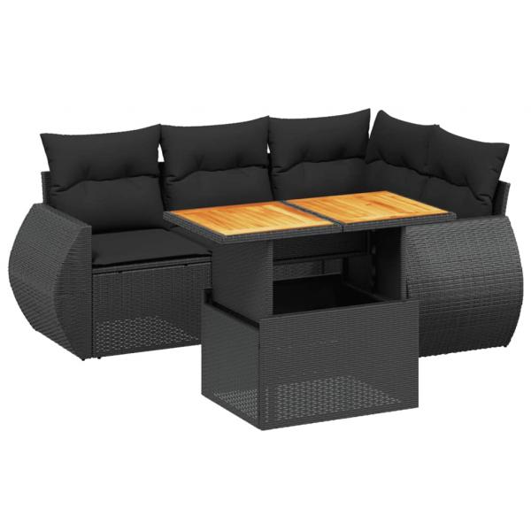 5-tlg. Garten-Sofagarnitur mit Kissen Schwarz Poly Rattan