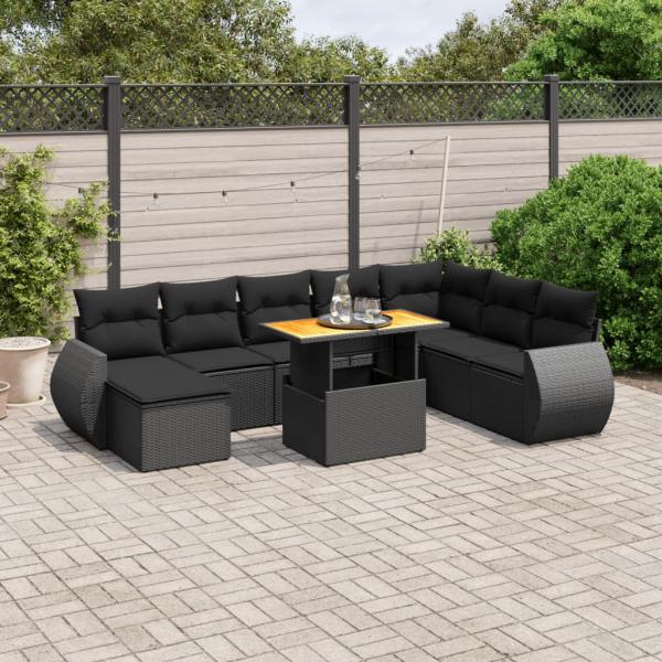 ARDEBO.de - 9-tlg. Garten-Sofagarnitur mit Kissen Schwarz Poly Rattan