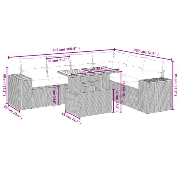 7-tlg. Garten-Sofagarnitur mit Kissen Schwarz Poly Rattan