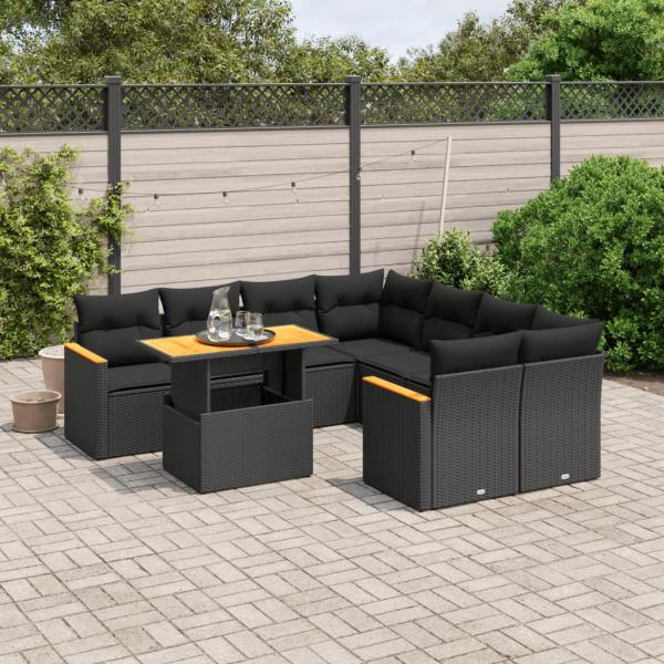 ARDEBO.de - 9-tlg. Garten-Sofagarnitur mit Kissen Schwarz Poly Rattan