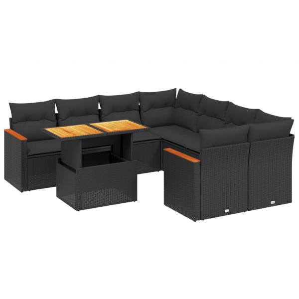 9-tlg. Garten-Sofagarnitur mit Kissen Schwarz Poly Rattan