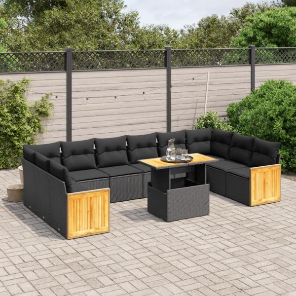 ARDEBO.de - 11-tlg. Garten-Sofagarnitur mit Kissen Schwarz Poly Rattan