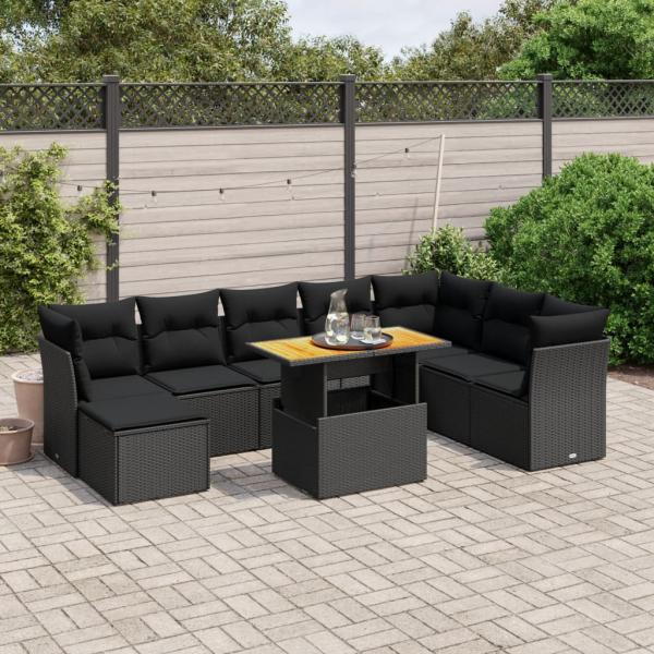 ARDEBO.de - 9-tlg. Garten-Sofagarnitur mit Kissen Schwarz Poly Rattan