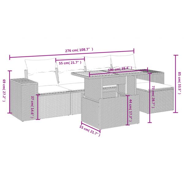 6-tlg. Garten-Sofagarnitur mit Kissen Schwarz Poly Rattan