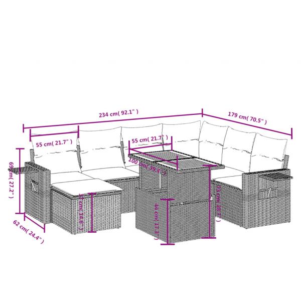 8-tlg. Garten-Sofagarnitur mit Kissen Schwarz Poly Rattan