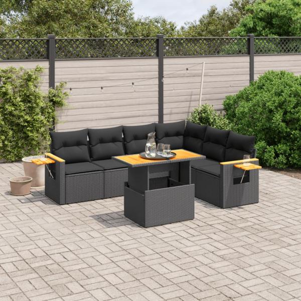 ARDEBO.de - 7-tlg. Garten-Sofagarnitur mit Kissen Schwarz Poly Rattan