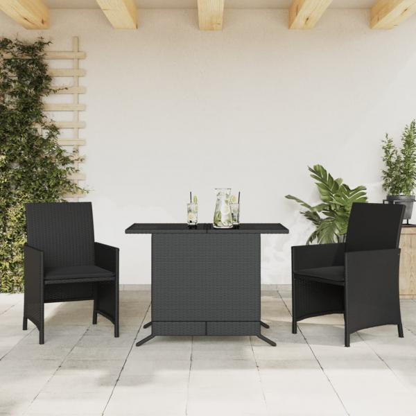 ARDEBO.de - 3-tlg. Bistro-Set mit Kissen Schwarz Poly Rattan