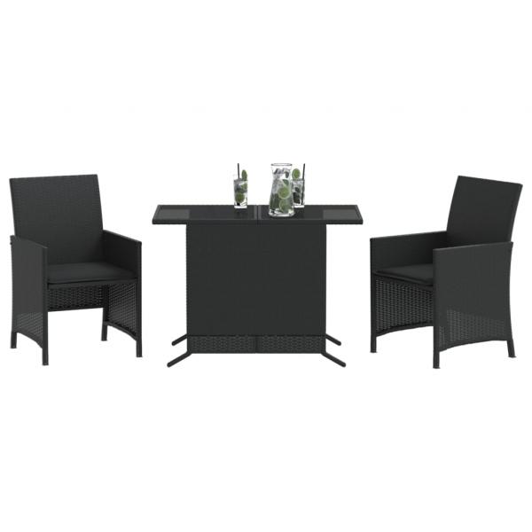 3-tlg. Bistro-Set mit Kissen Schwarz Poly Rattan