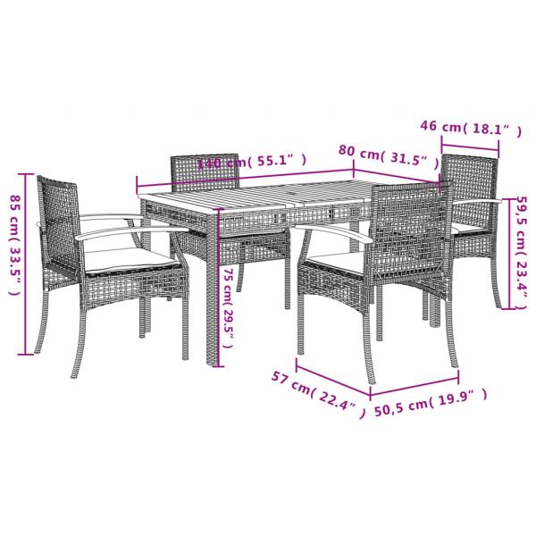 5-tlg. Garten-Essgruppe mit Kissen Grau Poly Rattan