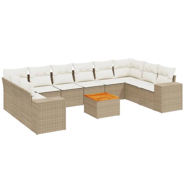 11-tlg. Garten-Sofagarnitur mit Kissen Beige Poly Rattan