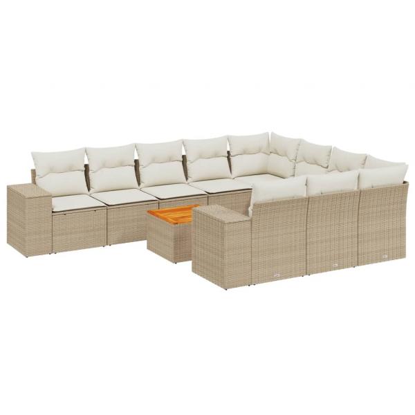 11-tlg. Garten-Sofagarnitur mit Kissen Beige Poly Rattan