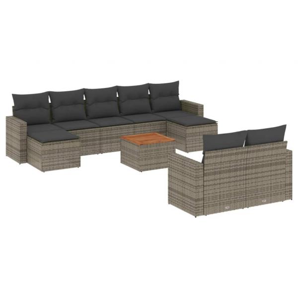 10-tlg. Garten-Sofagarnitur mit Kissen Grau Poly Rattan