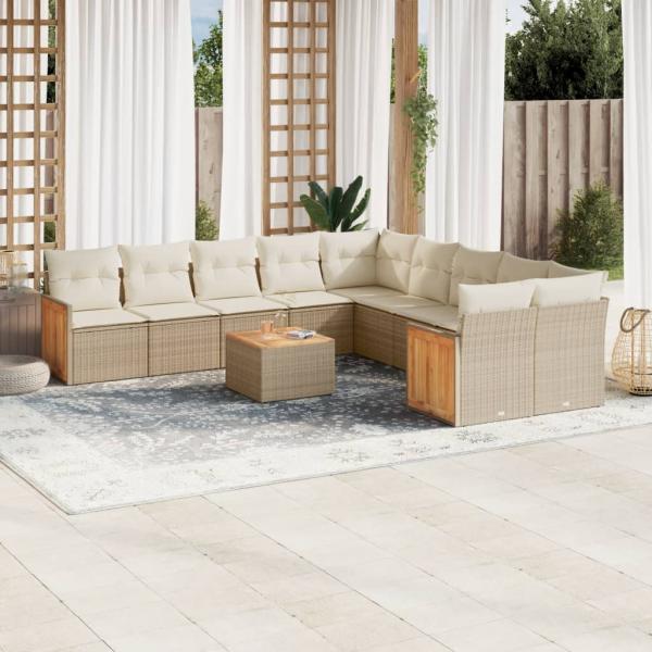 ARDEBO.de - 11-tlg. Garten-Sofagarnitur mit Kissen Beige Poly Rattan