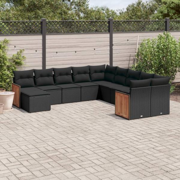 ARDEBO.de - 11-tlg. Garten-Sofagarnitur mit Kissen Schwarz Poly Rattan