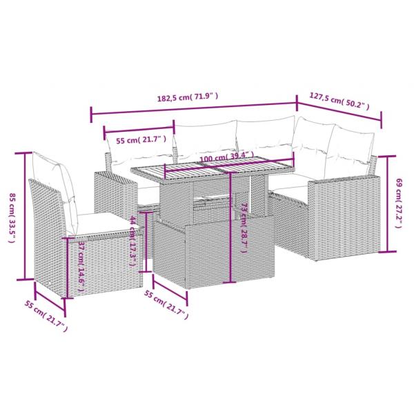 6-tlg. Garten-Sofagarnitur mit Kissen Schwarz Poly Rattan