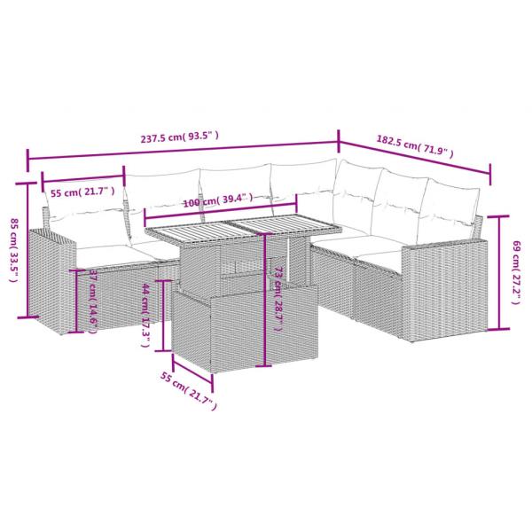 7-tlg. Garten-Sofagarnitur mit Kissen Schwarz Poly Rattan