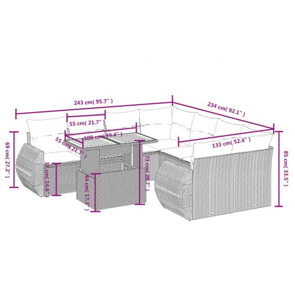 9-tlg. Garten-Sofagarnitur mit Kissen Schwarz Poly Rattan