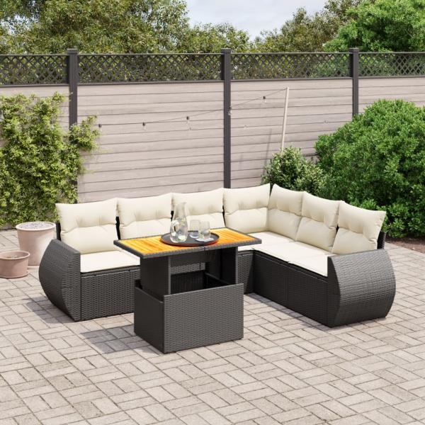 ARDEBO.de - 7-tlg. Garten-Sofagarnitur mit Kissen Schwarz Poly Rattan