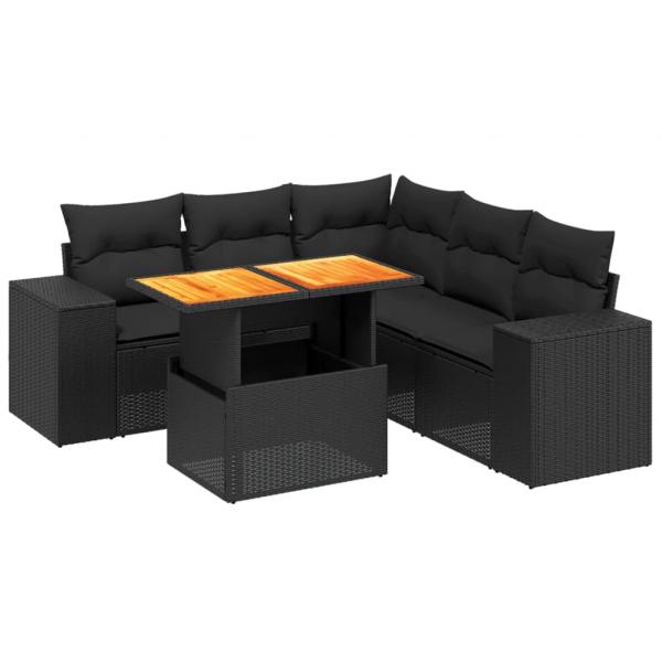 6-tlg. Garten-Sofagarnitur mit Kissen Schwarz Poly Rattan