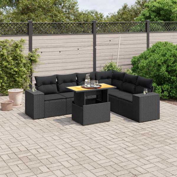 ARDEBO.de - 7-tlg. Garten-Sofagarnitur mit Kissen Schwarz Poly Rattan