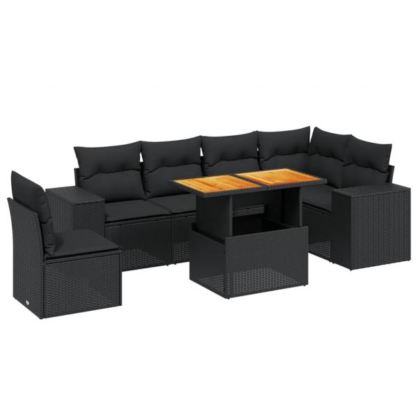 7-tlg. Garten-Sofagarnitur mit Kissen Schwarz Poly Rattan