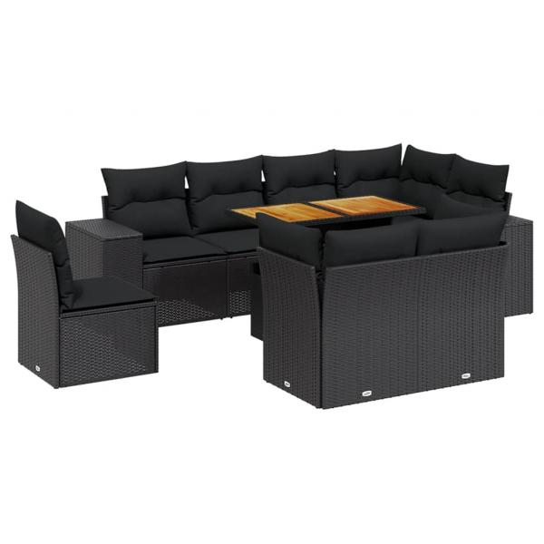 9-tlg. Garten-Sofagarnitur mit Kissen Schwarz Poly Rattan