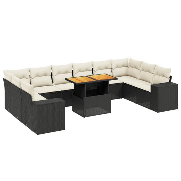 11-tlg. Garten-Sofagarnitur mit Kissen Schwarz Poly Rattan