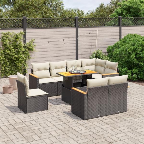 ARDEBO.de - 9-tlg. Garten-Sofagarnitur mit Kissen Schwarz Poly Rattan