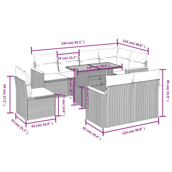 9-tlg. Garten-Sofagarnitur mit Kissen Schwarz Poly Rattan