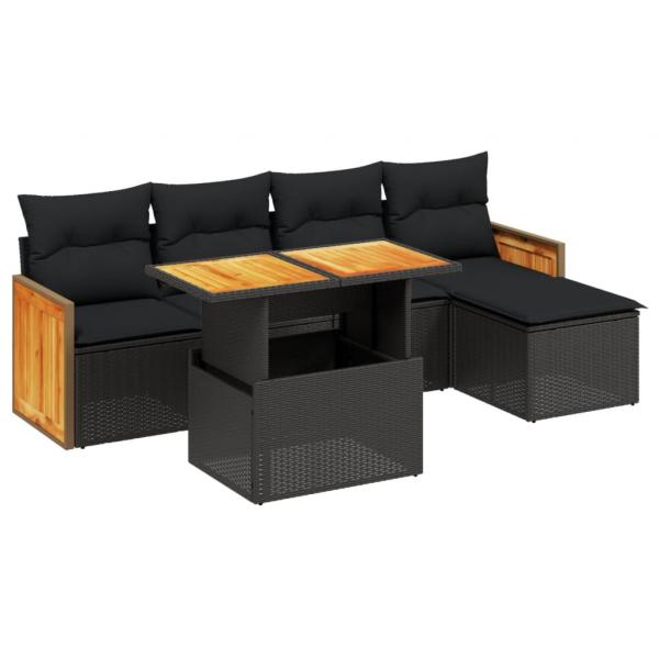 6-tlg. Garten-Sofagarnitur mit Kissen Schwarz Poly Rattan