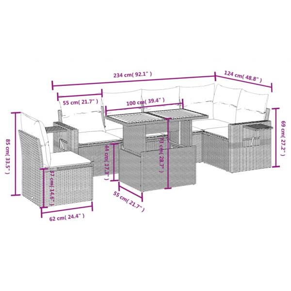 7-tlg. Garten-Sofagarnitur mit Kissen Schwarz Poly Rattan