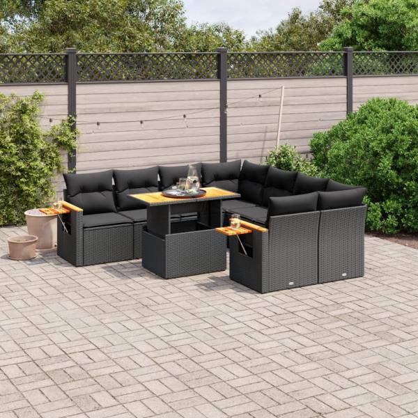 ARDEBO.de - 9-tlg. Garten-Sofagarnitur mit Kissen Schwarz Poly Rattan