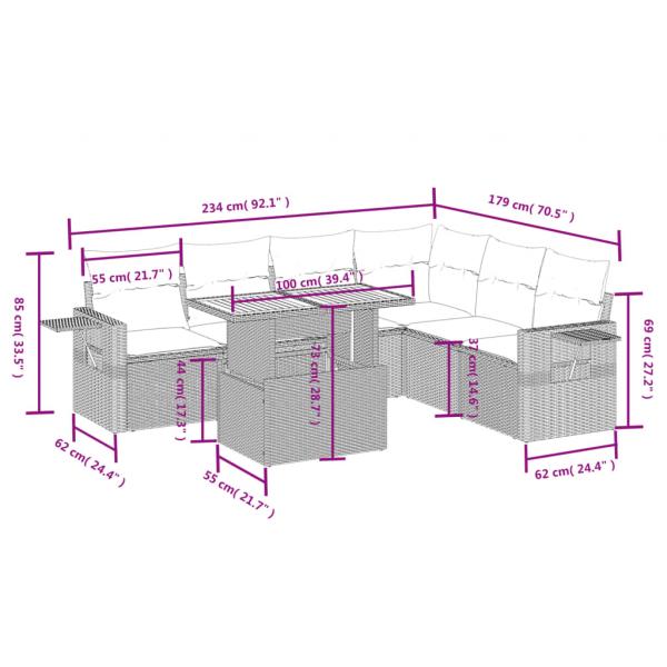 7-tlg. Garten-Sofagarnitur mit Kissen Schwarz Poly Rattan