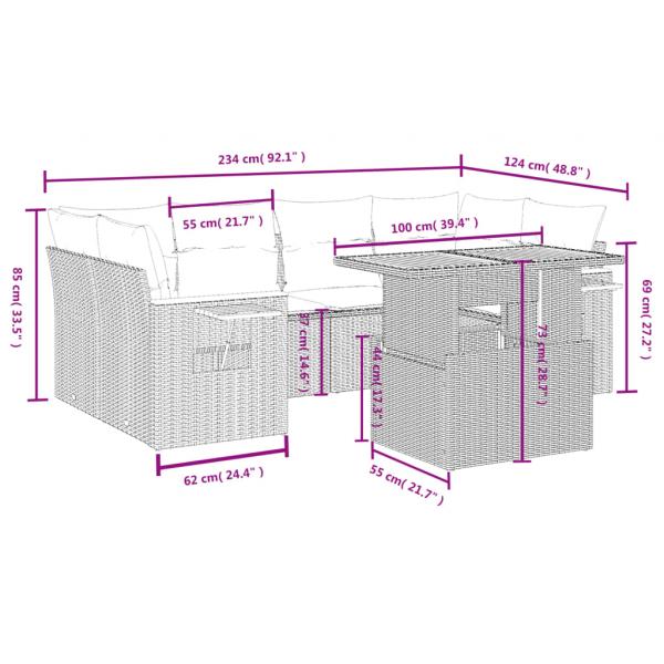 7-tlg. Garten-Sofagarnitur mit Kissen Schwarz Poly Rattan