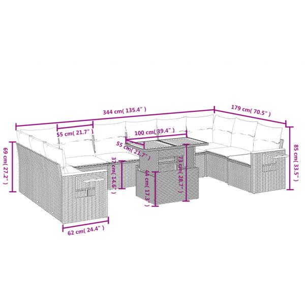 11-tlg. Garten-Sofagarnitur mit Kissen Schwarz Poly Rattan