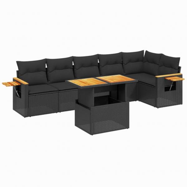 7-tlg. Garten-Sofagarnitur mit Kissen Schwarz Poly Rattan