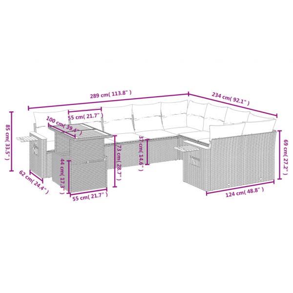 10-tlg. Garten-Sofagarnitur mit Kissen Schwarz Poly Rattan