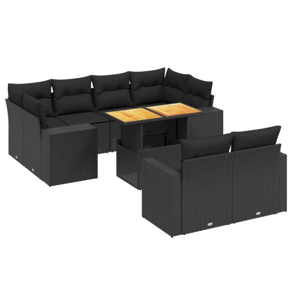 11-tlg. Garten-Sofagarnitur mit Kissen Schwarz Poly Rattan